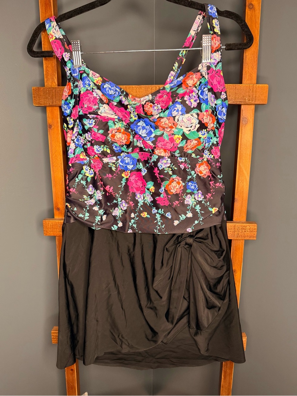 Women’s Floral Swim Dress | Black Tummy Control One-Piece Swimdress | XXL